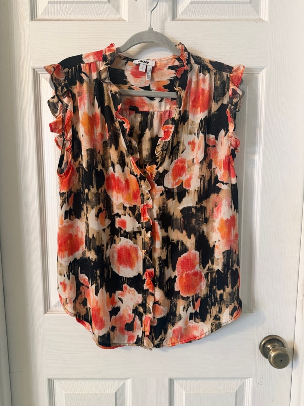 DKNY Coral and Black Floral Ruffle Sleeveless Blouse